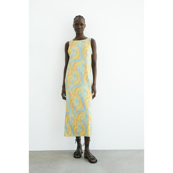 NWT Womens Size Large ZARA Multicolor V-Back Watercolor Print Midi Dress NEW - Picture 1 of 9